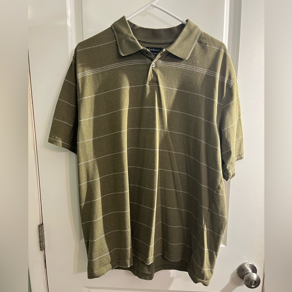 Van Heusen Olive Green Short-Sleeve Polo with Thin Stripes
